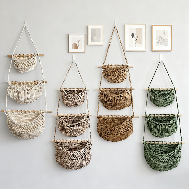 Woven Wall Basket - Hand-Woven Cotton Rope 3-Tier Storage Rack,
