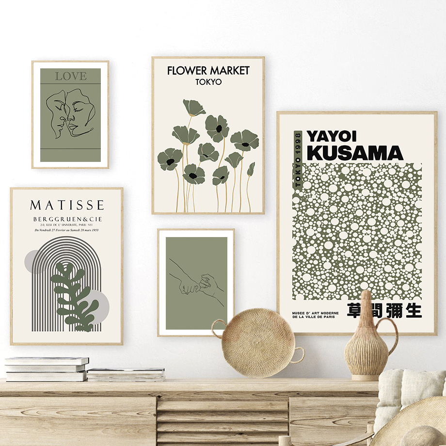 Home Decor Japandi - Sage Green Yayoi Kusama Matisse Flower
