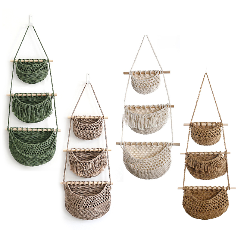 Hand-Woven Cotton Rope 3-Tier  - Woven Wall Basket ulasan dan harga
