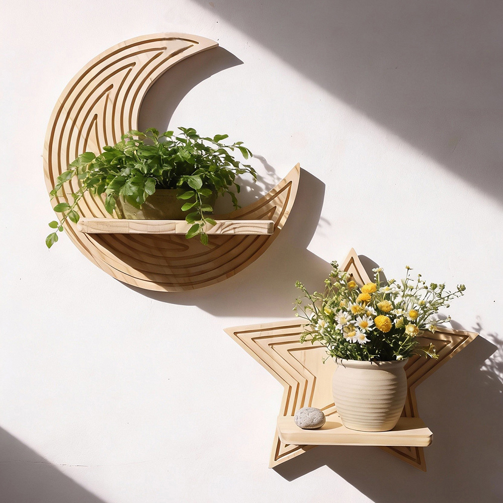 Moon Star Shape Wooden Floatin - Floating Shelves ulasan dan harga